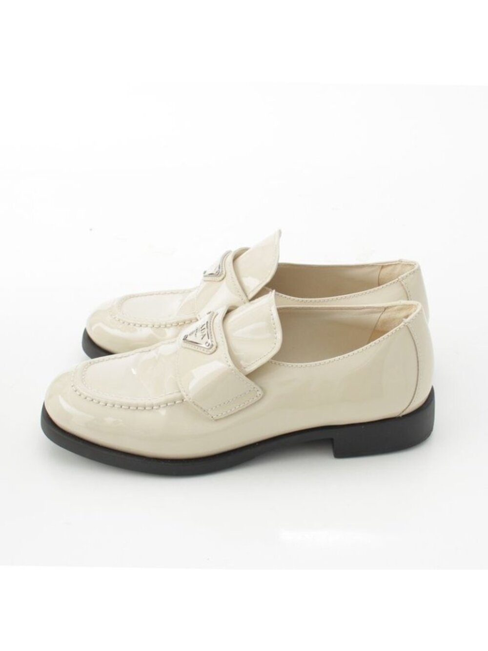 Prada Patent Leather Triangle Logo Chocolate Brushed Loafers Off White 37 - Picture 3 of 10